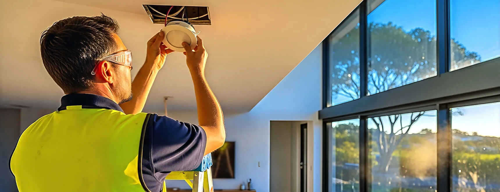 Licensed electrician installing LED downlight into ceiling on the Gold Coast