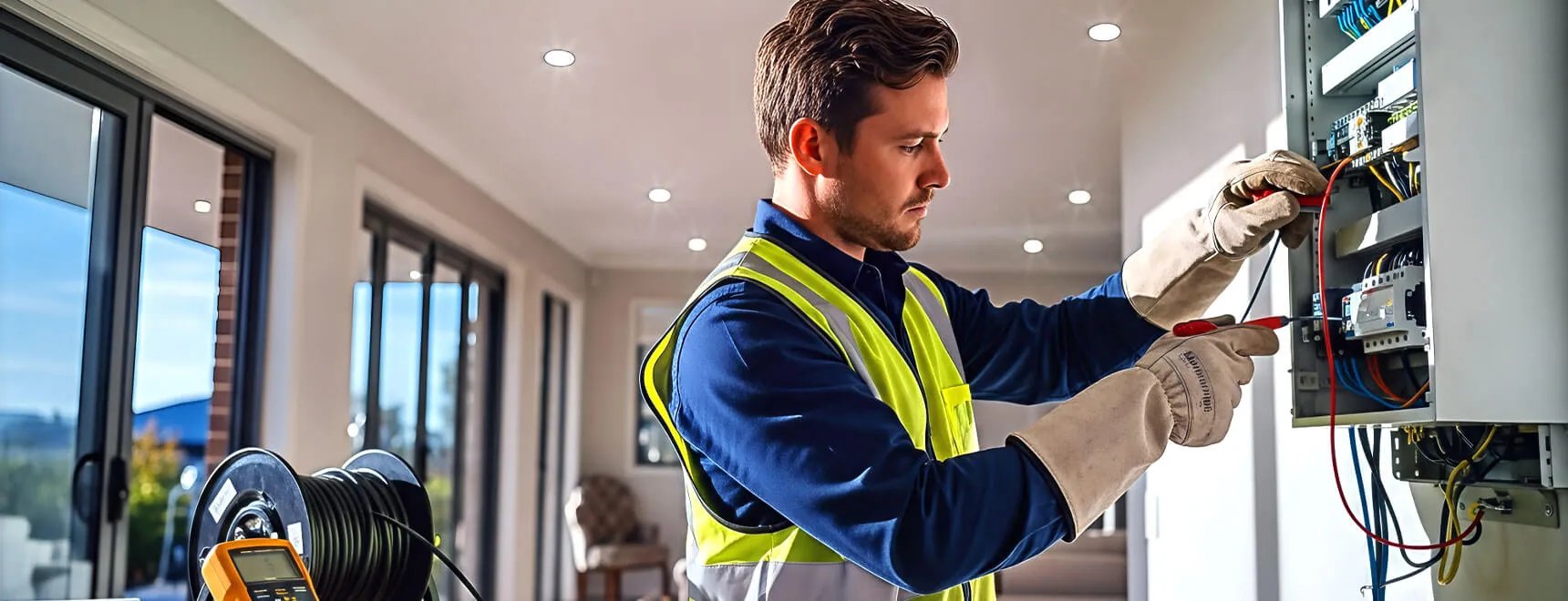 Gold Coast electrician diagnosing an electrical issue on site