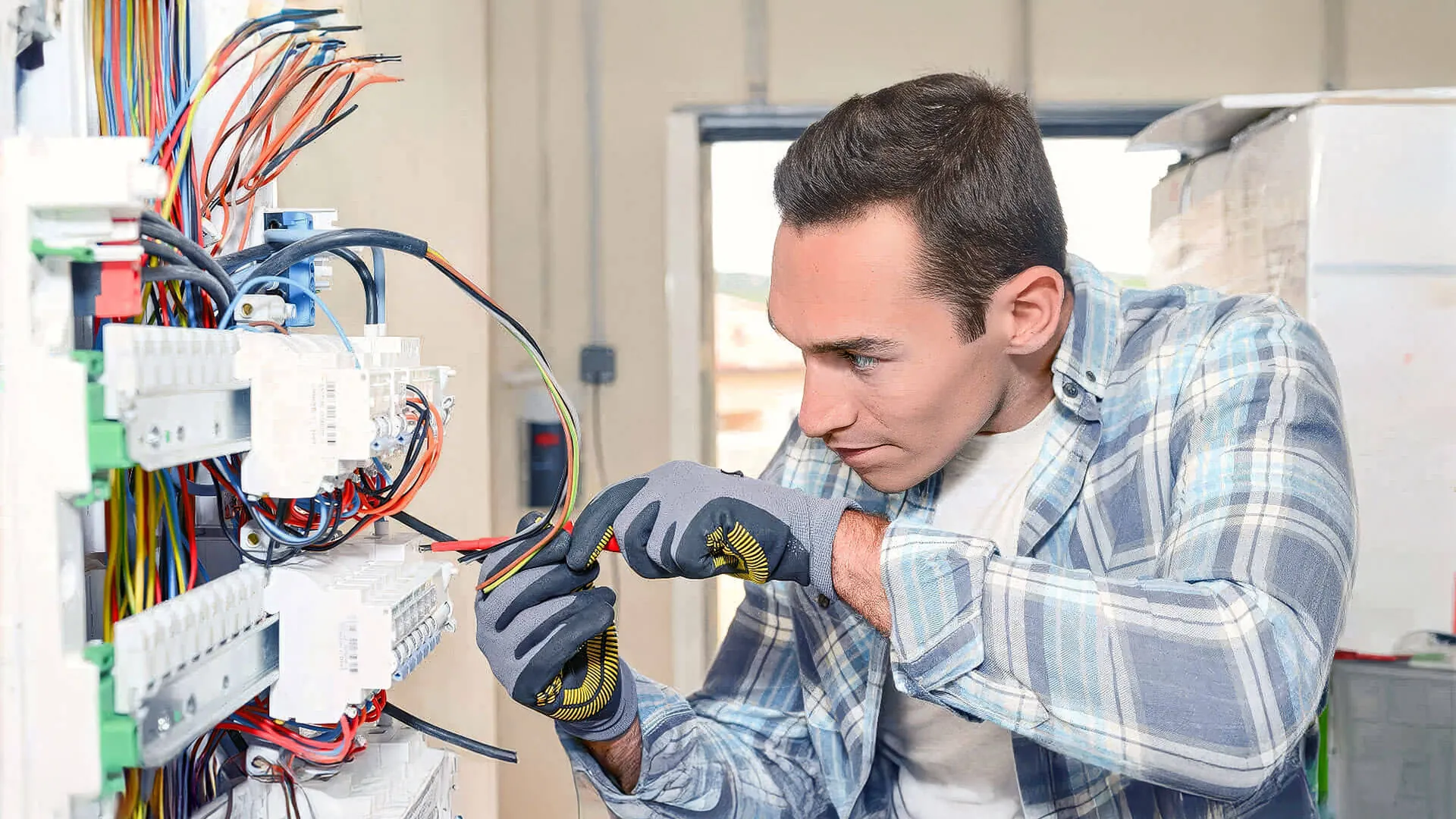 Electrician testing circuit breakers on a completed switchboard upgrade